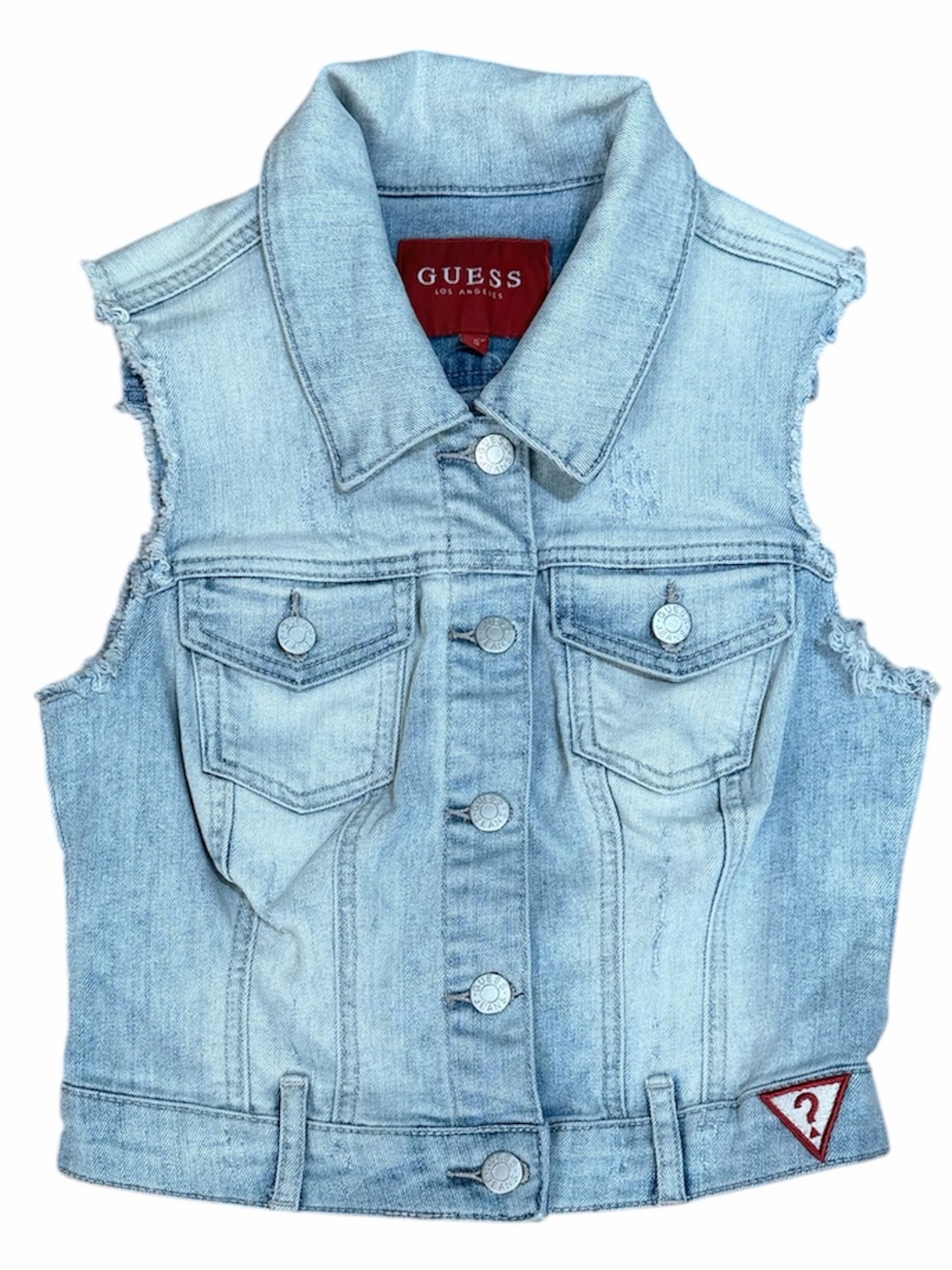Guess Light Wash Distressed Denim Vest Embroidered Triangle Logo S